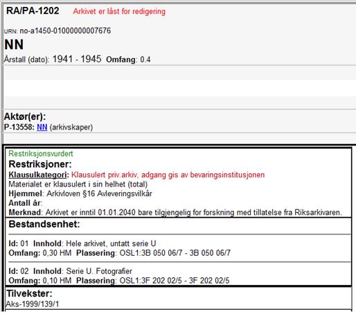 Visningsruta: - Spesielle klausulkategorier Denne benyttes når arkivet er helt utilgjengelig.