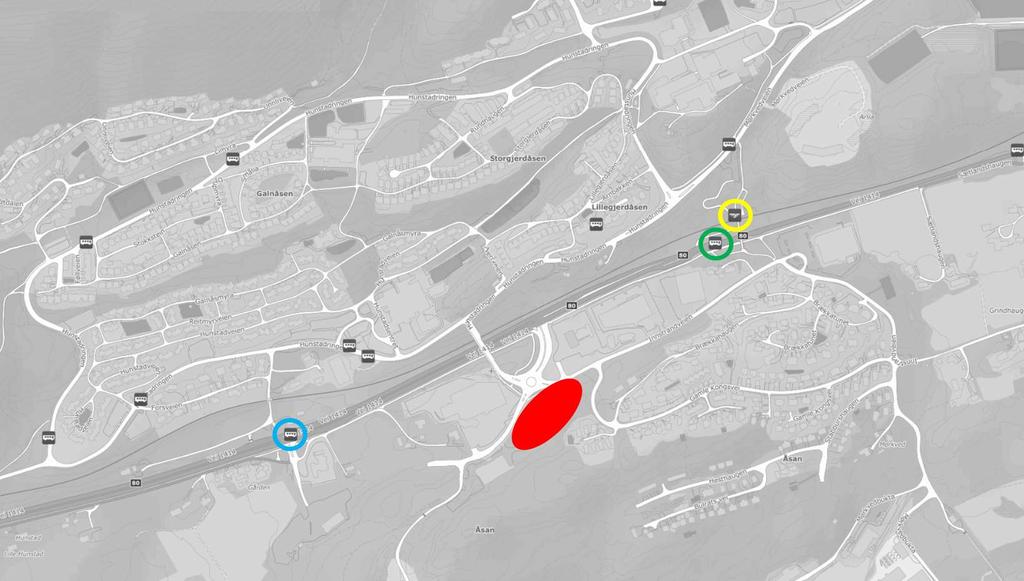 Kollektivtrafikk Det er ca. 650 meter og 8 minutters gangavstand til Hunstad bussholdeplass som ligger langs Rv 80, sydvest for planområdet, ca.