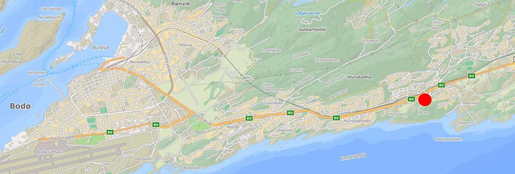 Dagens situasjon Planområdet har beliggenhet på Hunstad i Bodø kommune, ca. 8 km øst for Bodø sentrum. Figur 2 Lokalisering av planområdet merket med rødt (kartgrunnlag: finn.no).