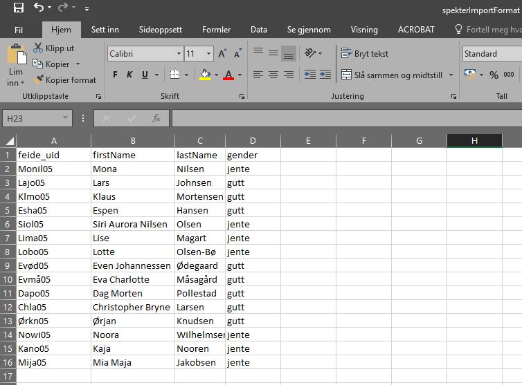 Når listen er ferdig utfylt og dobbeltsjekket skal Excel-arket lagres som CSV-fil. Klikk på «fil» øverst i venstre hjørne og deretter «lagre som».