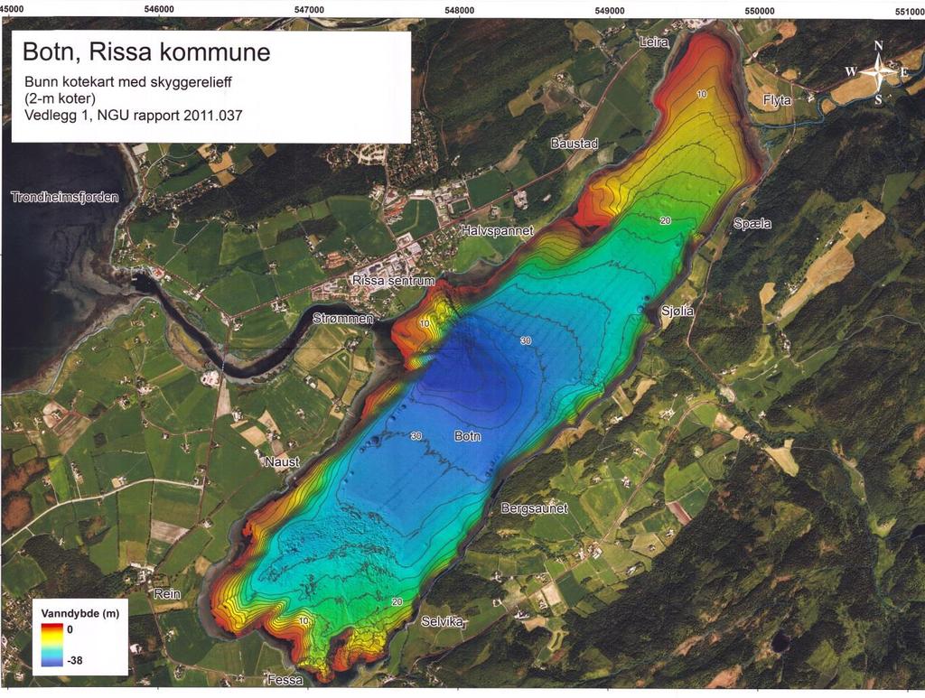 Figur 7: Dybdekart for Botn, NGU 2011 Annen overvåkning Fylkesmannens overvåknigsplan, som er basert på føringer i vannforskriftens veiledere, legger også opp til overvåkning av fastsittende alger og