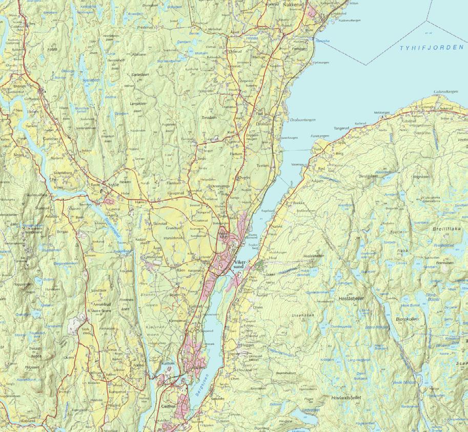 Kart over overvåkingsområdet i sørvestre Tyrifjorden og Bergsjø, fra Vassbonn i sør til Nakkerudholmen og