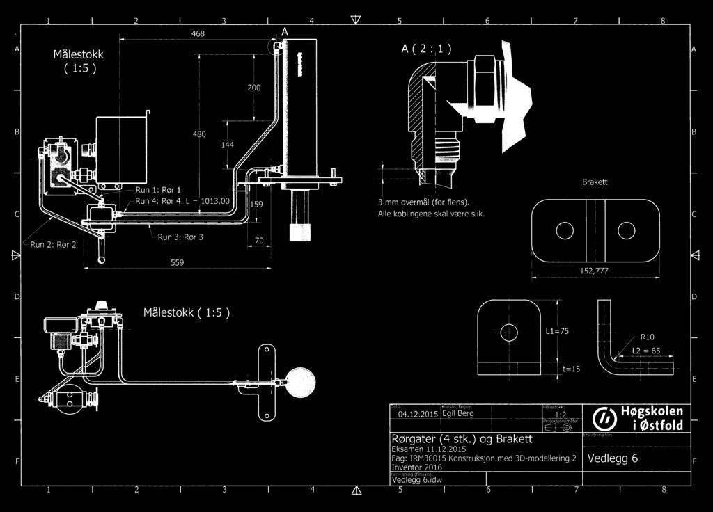 1 2 4 7 Målestokk ( 1:5 ) 468 200 A ( 2 :11) 480 144 Run 1: Rør 1 Run 4: Rør 4. L = 1013,00 159 3 mm overmål (for flens). Alle koblingene skal være slik.