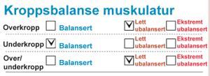 d) Kroppsbalanse Kroppsbalanse funksjonen verifiserer at muskulaturen i hver kroppsdel er utviklet på en balansert måte og eksaminerer forskjeller mellom muskulatur i begge armer og evaluerer balanse