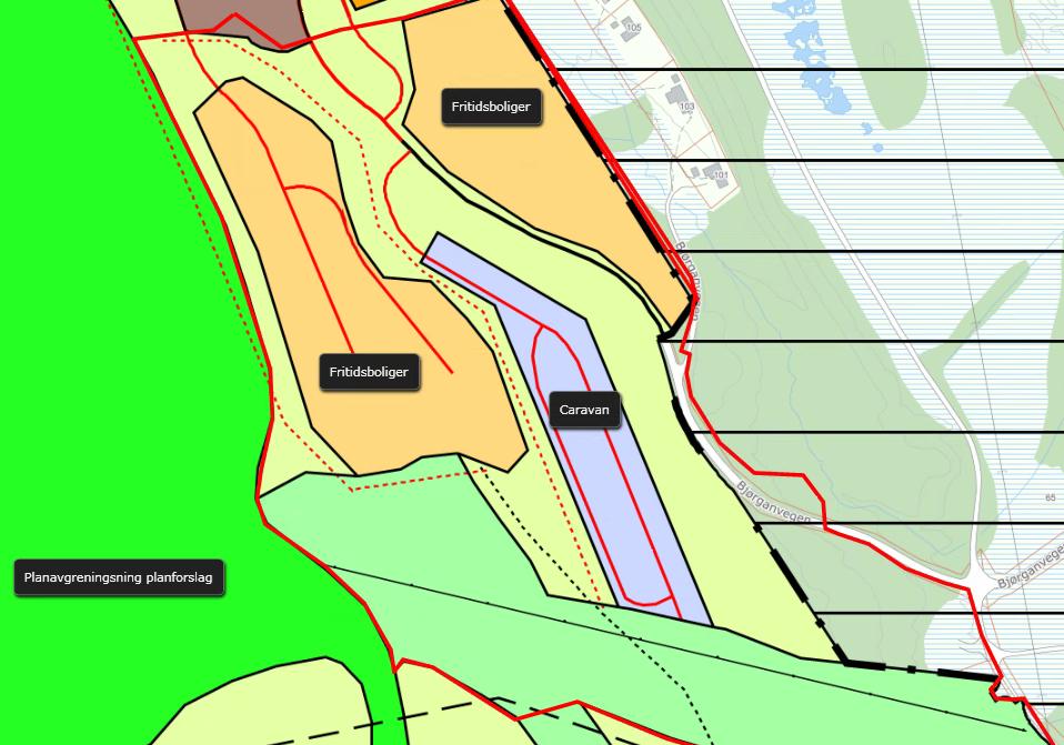 Det innkomne planforslaget er stort sett i tråd med overordnet kommunedelplan. Eneste unntak er at området som i kommunedelplanen er avsatt til caravan nå foreslås endret til fritidsbebyggelse.