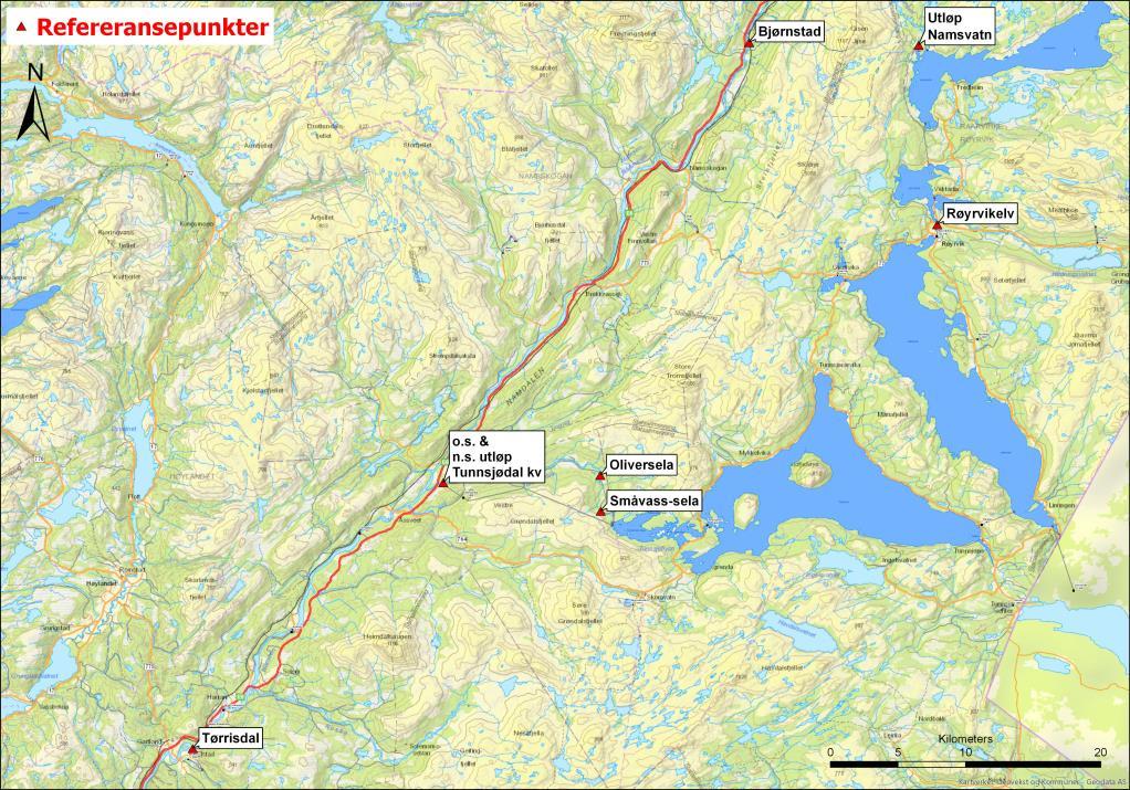 Figur 6.1. Plassering av referansepunkter i Namsen, Røyrvikelva og Tunnsjøelva 6.1.1 Namsen ved utløp Namsvatnet Namsvatnet har et naturlig nedbørfelt på 700 km 2.