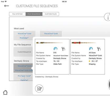 6.6.9 Tilpasse sekvens for endodontiske filer En filsekvens er en samling med endodontiske filer som brukes under en behandling. Sekvensen består av filer fra Dentsply Sirona eller tilpassede filer.