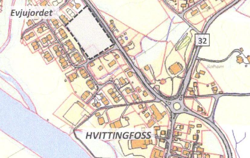 10 N Handelsbygg Holding AS, Hvittingfoss Handelsbygg Holding AS ønsker å tilrettelegge for handelsetablering på Evjujordet, gnr. 6 bnr. 65 på Hvittingsfoss. Arealet utgjør ca 8 dekar.