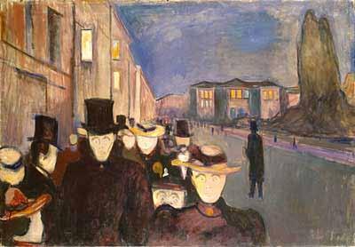 «Byen»: eksistensiell angst og fremmedgjøring «Aften på Karl Johan» av Edvard Munch (1892) I den prosalyriske teksten «Byen» møter vi en jeg-person som ikke finner ro der han er.