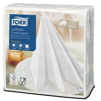 Fold Serviettstørrelse Brettet ut L W (cm) Stk/ innerforpakning Stk/Eske Tork LinStyle Middagsserviett XL Premium /4 50 50 25 2 25 (300) Tork