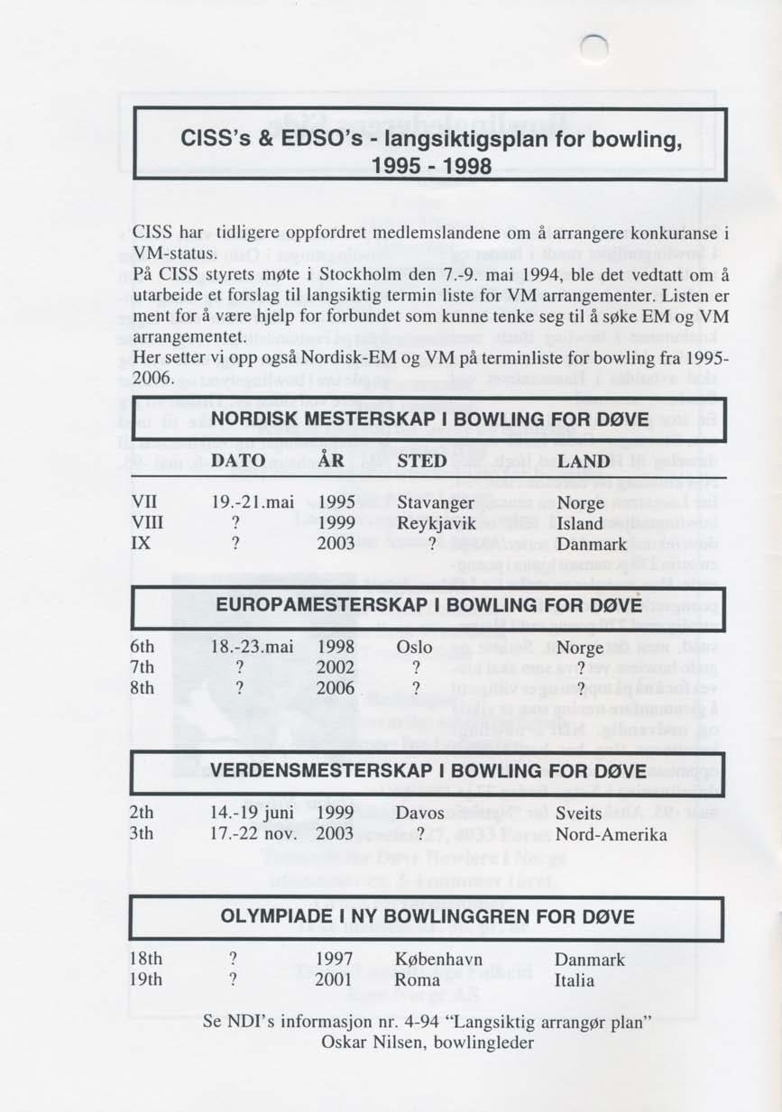 CISS's & EDSQ's - langsiktigsplan for bowling, 1995-1998 CISS har tidligere oppfordret medlemslandene om å arranecre konkuranse i VM-status. På CISS styrets rllj)le i Stockholm den 7.-9.