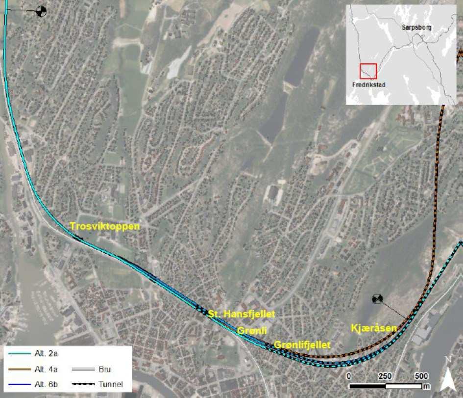 Området har svært utfordrende grunnforhold. Alle alternativer for ny Fredrikstad stasjon har fire spor til plattform. De etableres som mellomplatt-former med lengde 350 meter.