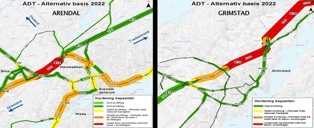 Figur 2: Illustrasjon av trafikksituasjonen i 2022 i Arendal og Grimstad uten tiltak Trafikkavviklingen i 2040 viser at innføringen av ny E18 gir utslag i veldig god trafikkflyt langs E18 både nord