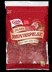 Rund og god rødvinspølse som er røkt på bøkeflis. Smaken alle skryter av. Fersk/Pr.