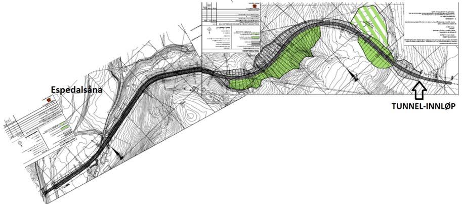 Planen har dermed ikke ekspropriasjonshjemmel og gir ikke et grunnlag for bygging. Figur 14 Utsnitt av plan fra 2006 for fv. 492 tunnel Espedal Frafjord.