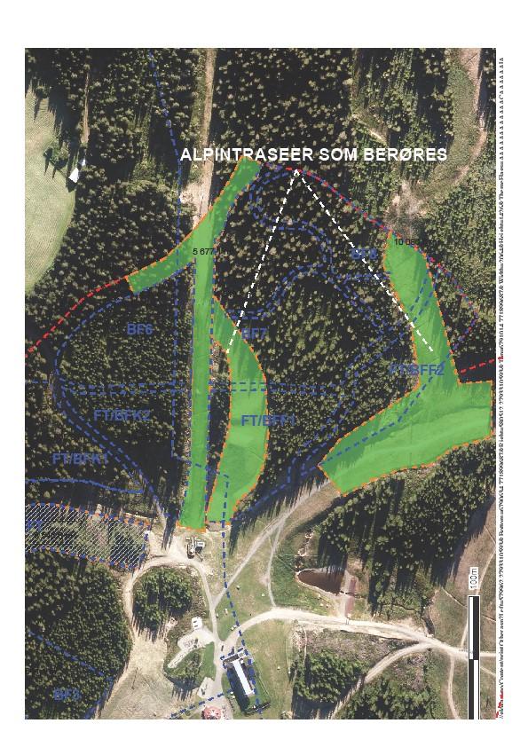 De blå stipla strekene viser byggeområder i planforslaget. Grønne områder er alpintraseer. Konsekvenser av utvidelse av planområdet og byggeområdet, er beskrevet nærmere under pkt 6.