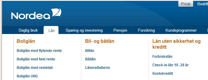 «Nordea bank» tilbyr på sine nettsider blant annet følgende typer lån Kilde: http://www.nordea.