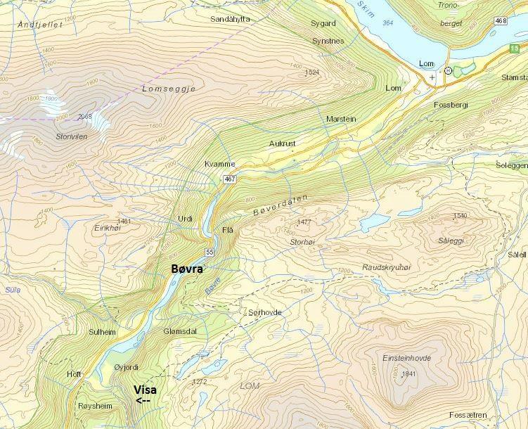 Aktuelle tiltak i tilløpselver til Gudbrandsdalslågen Side 32 Bøvra og Visa (Lom) Figur 46: Oversiktskart som viser elvene Visa og Bøvra, og Bøvras utløp i Skim ved Lom.