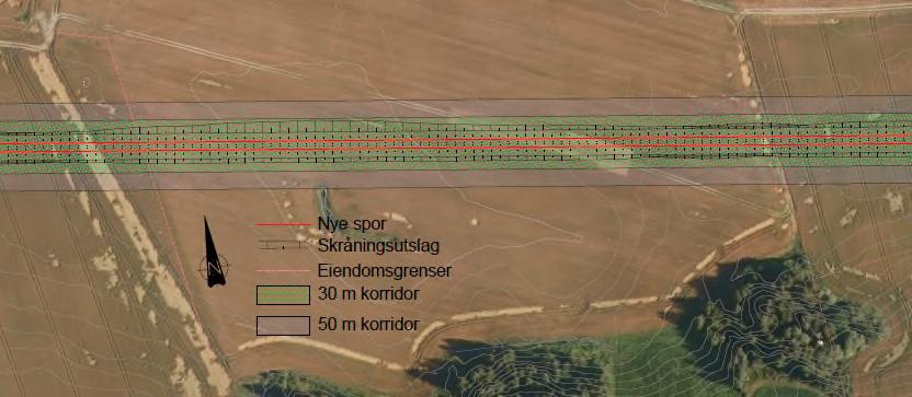 21 av 35 Figur 7.2: Visualiseringseksempel av arealbeslag for dobbeltspor på dyrket mark (ved 30 og 50 meter korridorbredde).