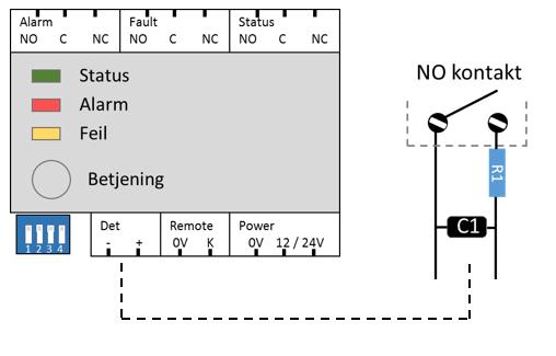 0V er felles og trenger ingen viderekobling så lenge alle moduler er tilkoblet samme strømforsyning. TILKOBLING AV ALARMKONTAKT Inngang I/P (Det.
