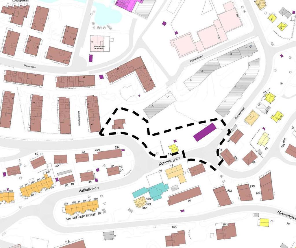 BYGNINGER Følgende bygninger omfattes av planområdet: Enebolig) på 236/54 består av 2 etasjer, underetasje og loftetasje. Total 450m2. Enebolig på 236/60 består av to etasjer og kjelleretasje.