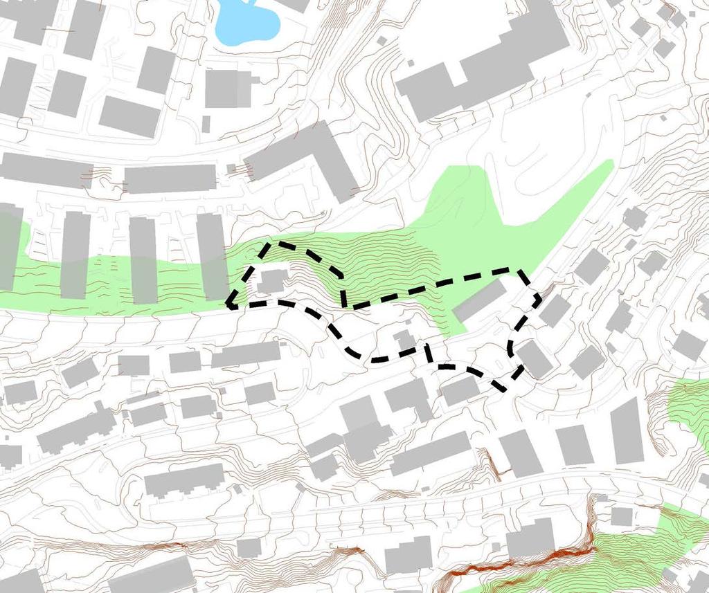LANDSKAP/TOPOGRAFI ligger på et høydedrag i terrenget. Terrenget heller nedover mot nord (Kværnerbyen) og høydeforskjellen fra veien til bunnen av Kværnerbyen er ca 20 meter.