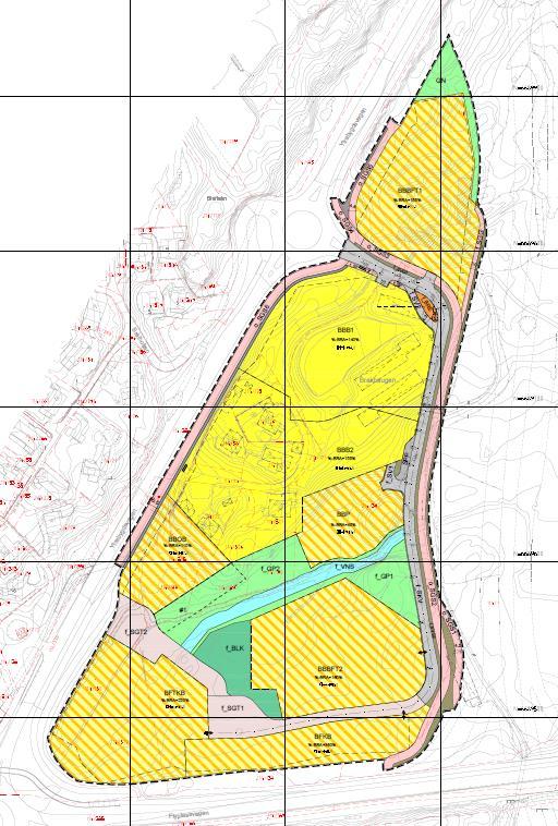 Figur 1-2 Plankart for Ytrebygda, gnr. 114 bnr. 367 mfl. Brakhaugen boligområde. Nasjonal arealplan-id 1201_65070000. Sweco. 1.1 Reguleringsplaner Gjeldende reguleringsplan for området som nå skal reguleres ble regulert til næringsområde i 2014 (Ytrebygda, gnr.