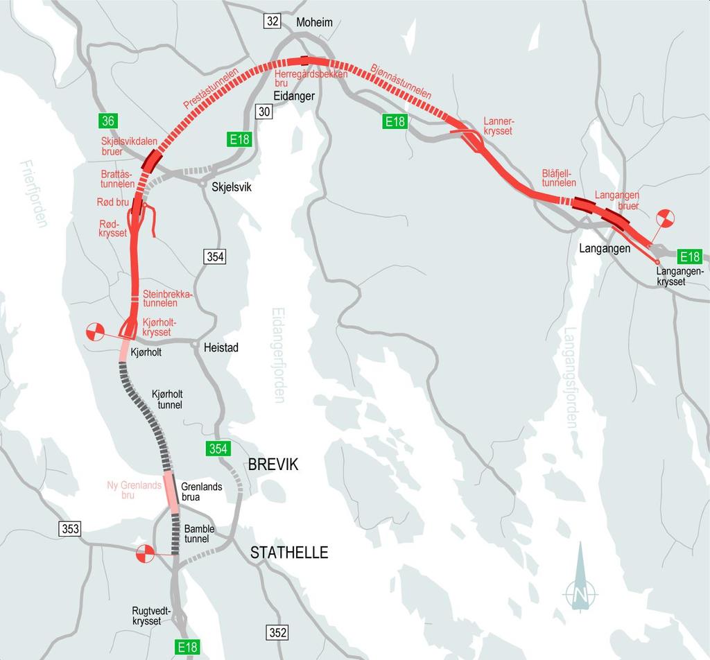 Entreprise 1: E18 Langangen - Kjørholt Vei i dagen ca. 6 000 m Tunneler Blåfjell ca. 350 m, 2 nye løp Bjønnås ca. 2 250 m, 2 nye løp Prestås ca. 2 900 m, 2 nye løp Brattås ca.