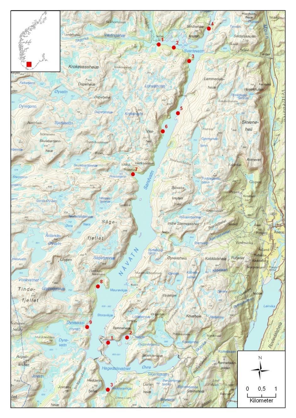 Figur 4. Kart med plassering av prøvefiskestasjonene i Nåvatn (1-9). Høsten 2017 ble ikke satt garn på de ordinære stasjonene 5-9 pga. lav vannstand.