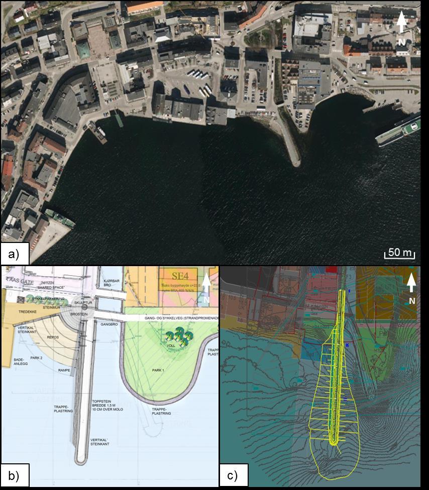 Figur 1a) Flyfoto av tiltaksområdet og omliggende område (fotografert i 2014) b) Illustrasjonsfigur over hvordan området vil se ut etter utført tiltak.