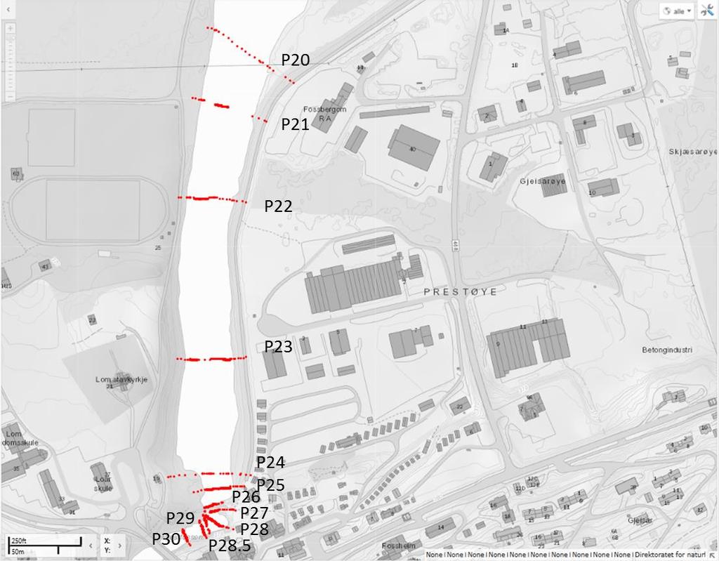 Figur 1.1 Oppmålte profiler i Bøvra ved Lom sentrum og videre langs flomvollen mot industriområdet 1.
