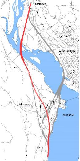 Videre krysser alternativet Lågen i bru 35-45 meter over vannspeilet ved Våløya før den skjærer gjennom grusforekomstene i Hovemoen.