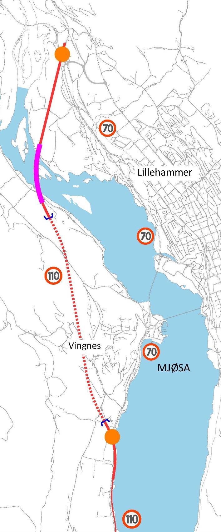 53 5.5 Delstrekning ll - Alternativ II-C-2-B tunnel Øyresvika og adkomst til Lillehammer langs dagens E6 Det etableres kryss med tre armer i Øyresvikas som