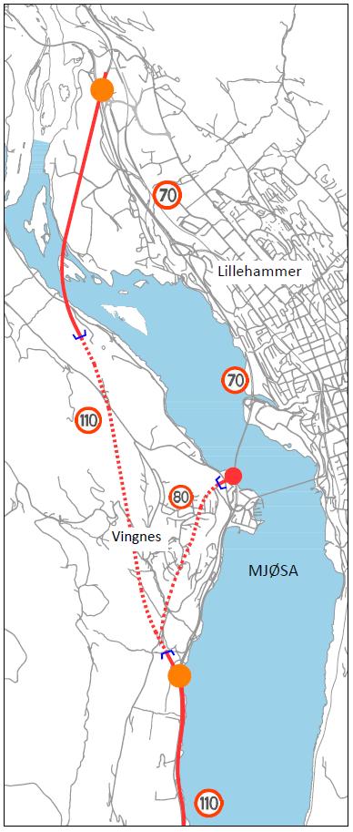 61 5.8 Delstrekning II, alternativ II-C-2-E Delstrekning ll - alternativ II-C-2-E med adkomst til byen i tunnel fra Øyresvika. Det etableres kryss med kun sørvendte ramper.