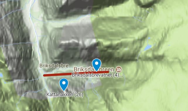 Kartutsnitt sørlege Stryn. - Briksdalen (i dialogmøtet vart også Brenndalen, dalføret nord for Briksdalen nemnt). Tid: Juli-august. Farkost: helikopter.