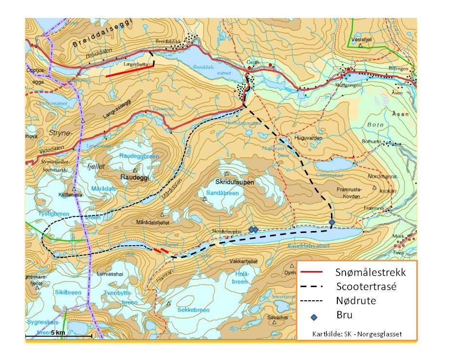 Figur: Oversikt over omsøkte trasear, mellom anna nødruta gjennom Jostedalsbreen nasjonalpark. Frå søknaden til GLB.