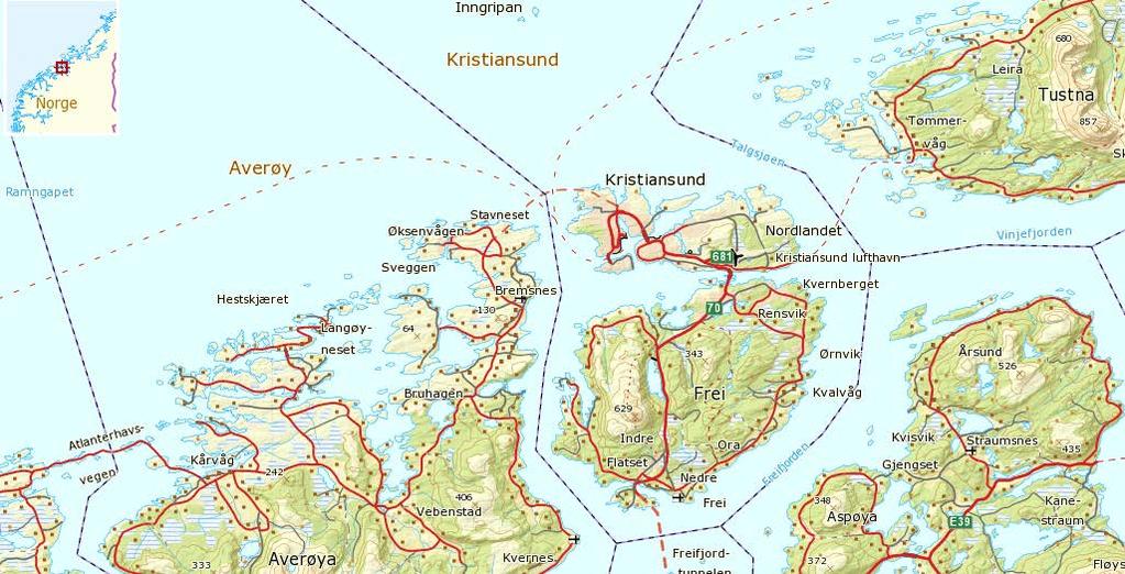 LANDBASERT OPPDRETT PÅ STAVNESET Stavneset ligg heilt nordaust på Averøya i Møre og Romsdal, ved munningen av Bremsnesfjorden (figur 1). På andre sida av fjorden ligg Kristiansund. Figur 1.