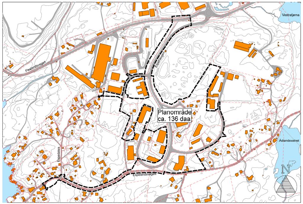 Vegen Espehaugen Legene Orrtua Espelandsvegen Figur 2. Planområdet for Espehaugen næringspark. Historie Espeland er en av mange gårder med land-navn i den nordlige delen av Ytrebygda (se figur 5).