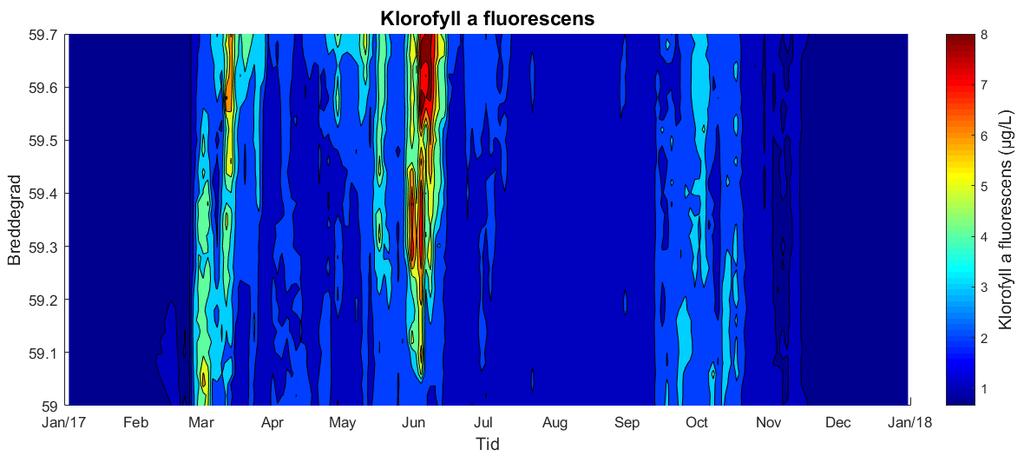 Klorofyll-a fluorescens (Figur 21) viser oppblomstringer av planteplankton i fjorden.