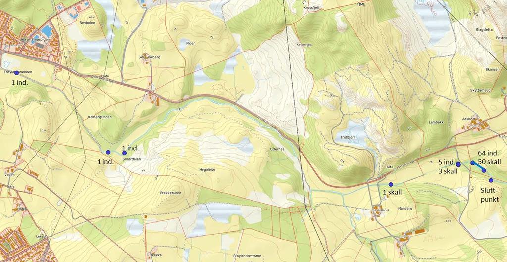 Side 5 Elvemusling i Frøylandsbekken Figur 4.1. Funn av elvemusling i Frøylandsbekken.