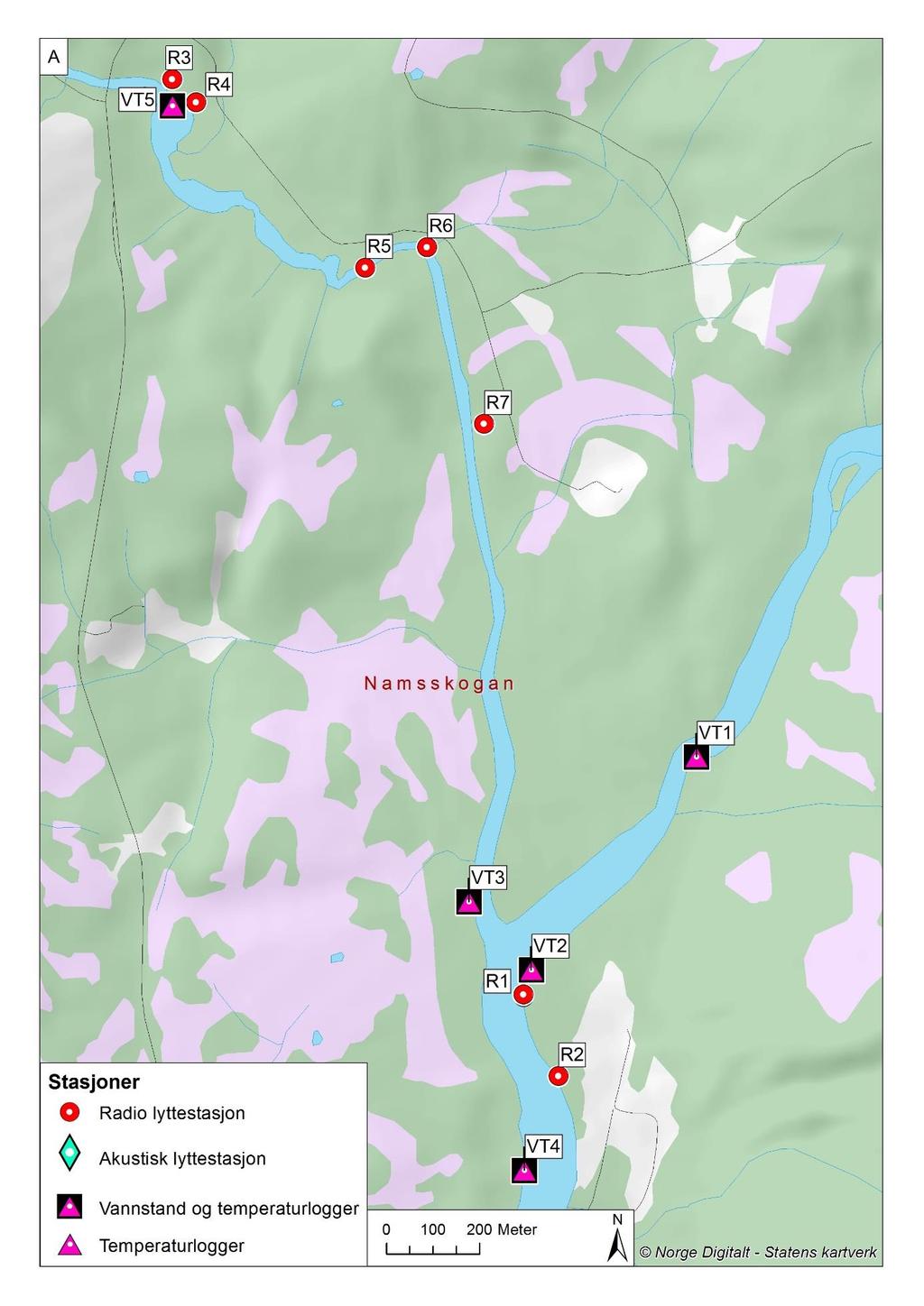 Figur 2. Kartutsnitt A. Undersøkelsesområdet ved Snåsamoen og Mellingselva (august 2014 til januar 2016). R1 og R2: Snåsamoen.