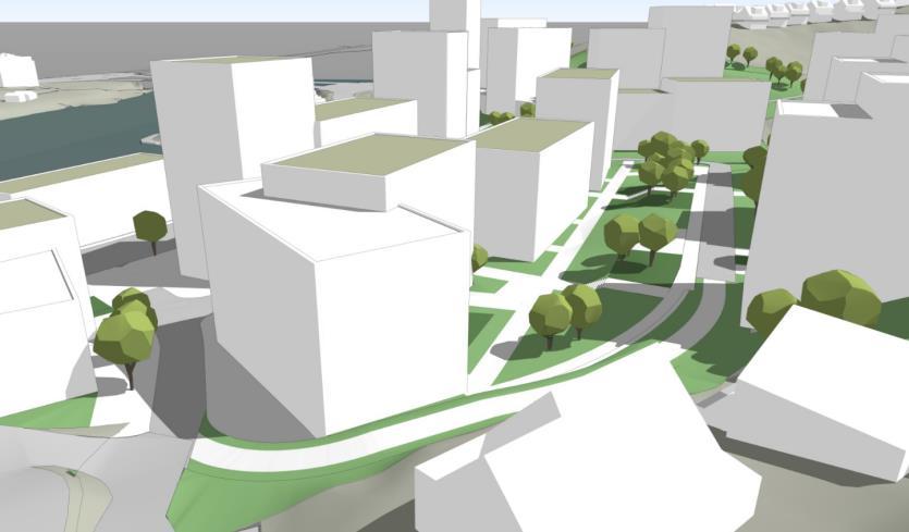 Figur 14: Perspektivtegning, overflate mellom bebyggelse og over parkeringskjeller Mellom