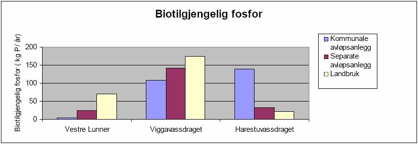 Utslipp av biotilgjengelig fosfor fra ulike sektorer til Grans del av Viggavassdraget (venstre stabel). Etter Lunner/Norconsult 2005.