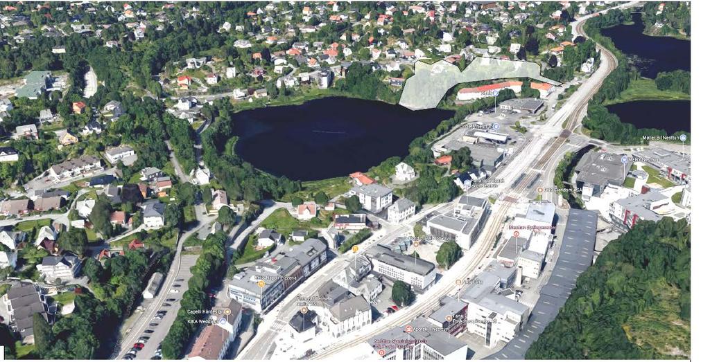 3. Overordnet tilknytning av området. Planområdet er plassert sentralt på Nesttun, et tettsted som var stoppested på Vossebanen inntil Ulriken-tunellen ble åpnet i 1964.