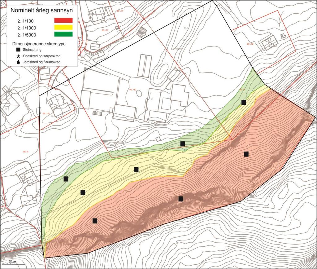 5.3.5 Faresonekart Figur 16: Faresonekart for det undersøkte området, der steinsprang er dimensjonerande skredtype. Det er fare for steinsprang frå fjellhamrane i skråninga.