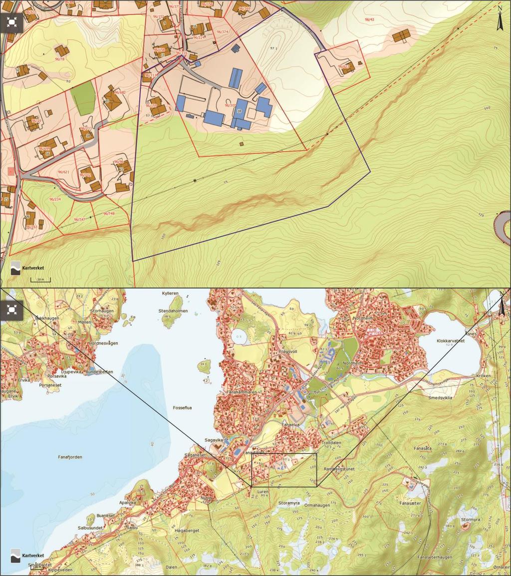 KAPITTEL 1 OMRÅDESKILDRING 1.1. Plassering Det undersøkte området består av gbnr. 96/307 m.fl. i Fana i Bergen kommune. Området ligg om lag 15 km sør for Bergen sentrum.