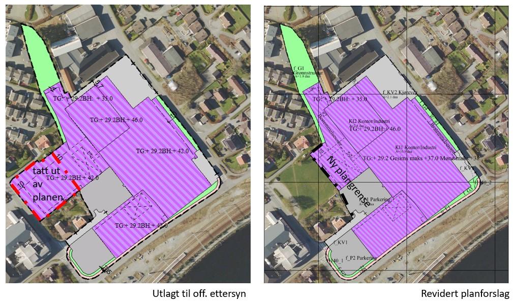 Figur 2: Kart som viser ny avgrensing av industriområdet for areala mot Stasjonsvegen. Dette området skal framleis vere regulert til kontur/forretning som i reguleringsplan 4130 frå 1991.