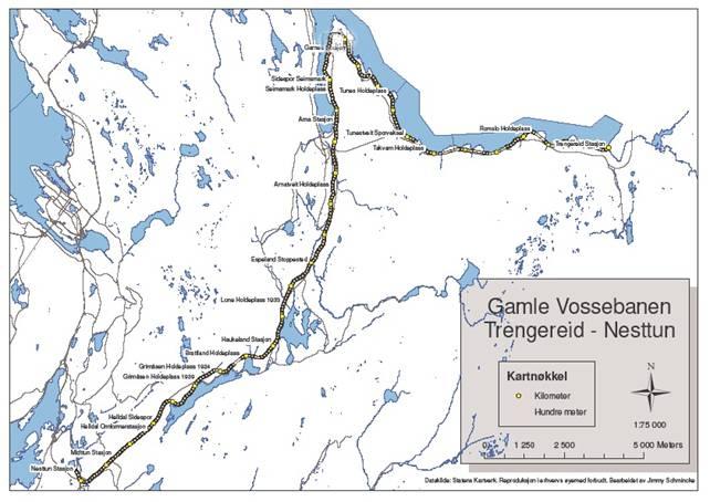 Vossebanen Figur 7. Gamle Vossebanens trasé mellom Trengereid og Nesttun (www.njk.no). Gamle Vossebanen er den eldste av den gamle hovedlinjen mellom Bergen og Oslo.