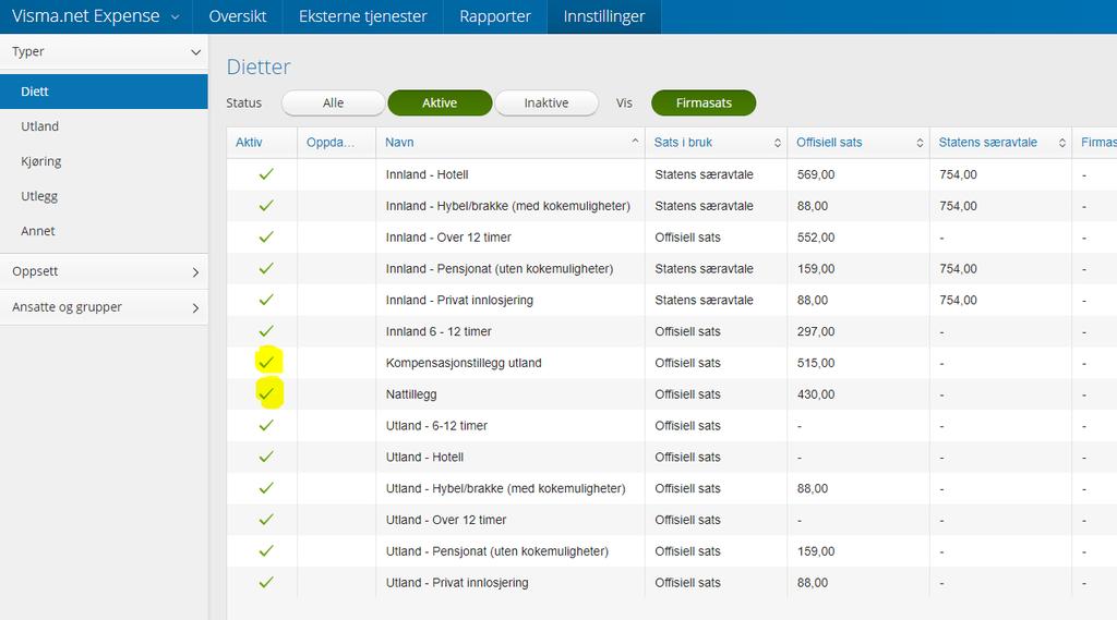 Innstillinger Oppsettet påvirker hvordan Expense