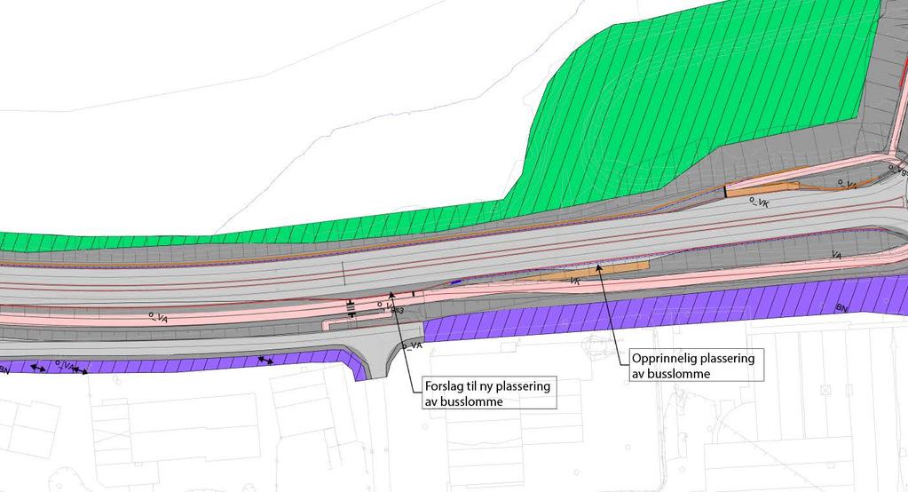 Side 8 av 9 3 Busslomme ved Midtstranda 3.1 Begrunnelse Busslomma for østgående busser langs rv.25 ved Midtstranda forslås flyttet ca. vestover i forhold til regulert løsning.
